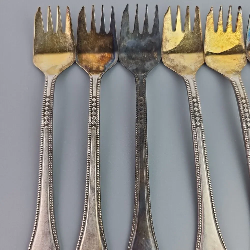 Vintage SILVER PLATED SET 6 SeaFood Cocktail Forks Melchior Cupronicke Beaded